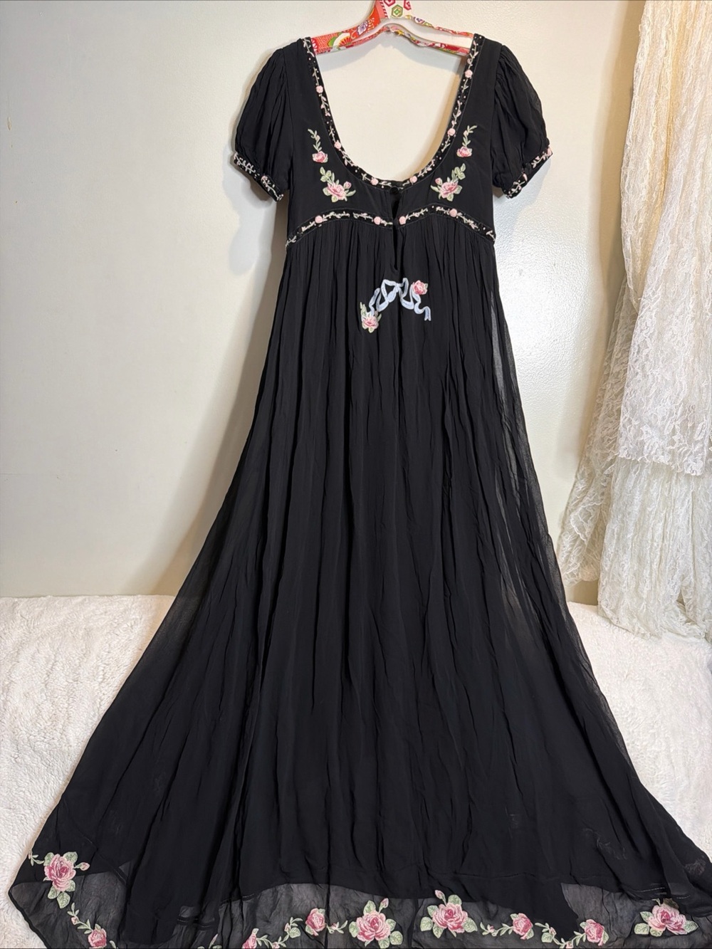 For Love & Lemons Rosemarie Embroidered Floral Bows Coquette Beaded Maxi Dress M - Picture 10 of 12